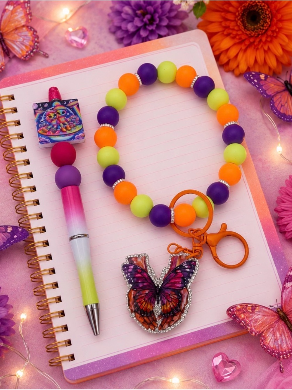 Handmade Pen & Glow in the Dark Neon Beaded Wristlet Keychain with butterfly Set